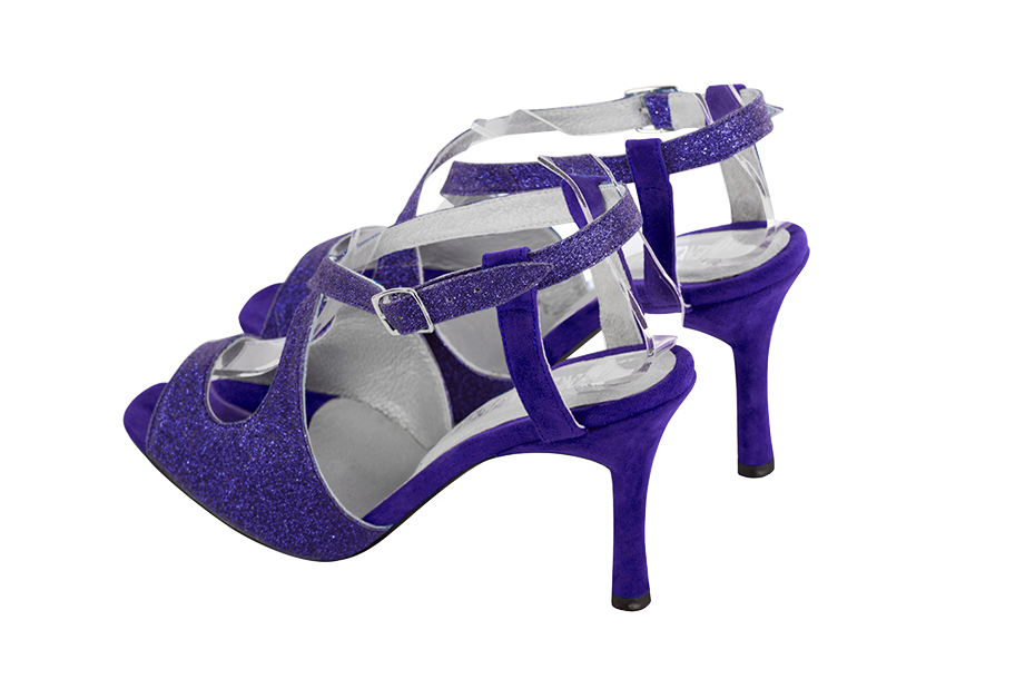 Women's violet purple and amethyst purple elegant cross straps sandals. Round toe. High slim heel - Rear view